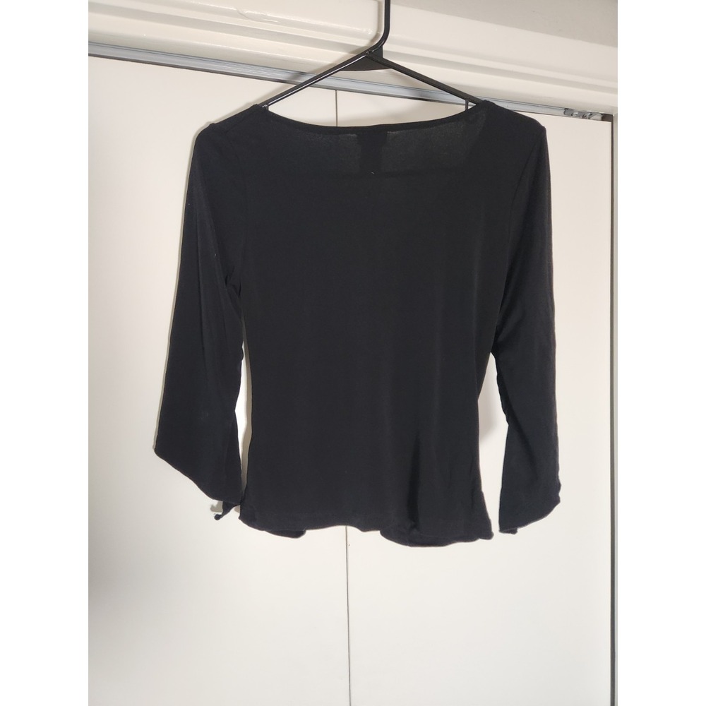 Vintage Comma Design Women's Black Ruched Stretch Blouse Size Small V-neck - Picture 2 of 5